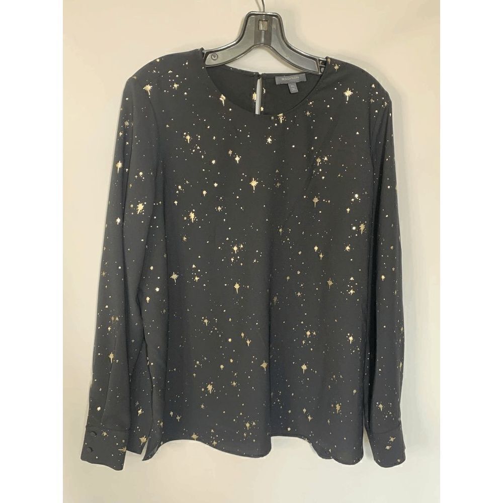 Madison Women's Blouse Top Long Sleeve Button Back Gold Print Black Size XL